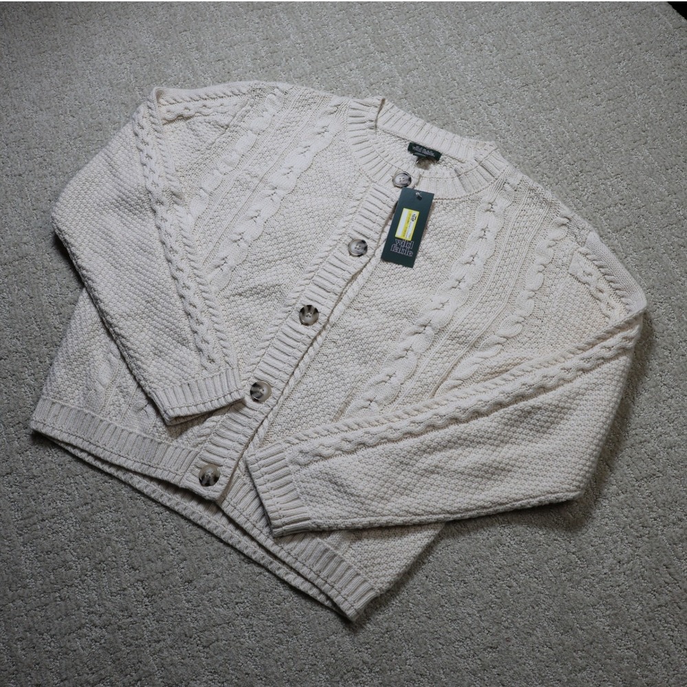 Wild Fable Womens Off White Cable Knit Button Down Crewneck Cardigan Sweater M